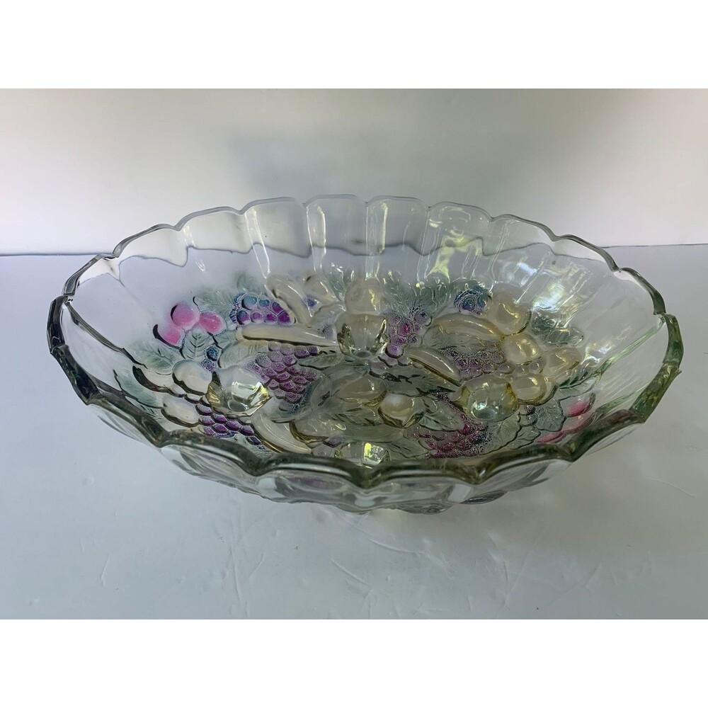 Indiana Glass Footed Glass Bowl Scalloped Rim Multicolor Raised Fruit Pattern